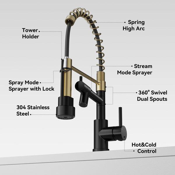 Warmiehomy 5 Modes Kitchen Taps Mixer with Pull Out Spray,High Arc 360° Swivel Dual Spout Pull Down Stainless Steel Kitchen Sink Taps,Brushed Nickel