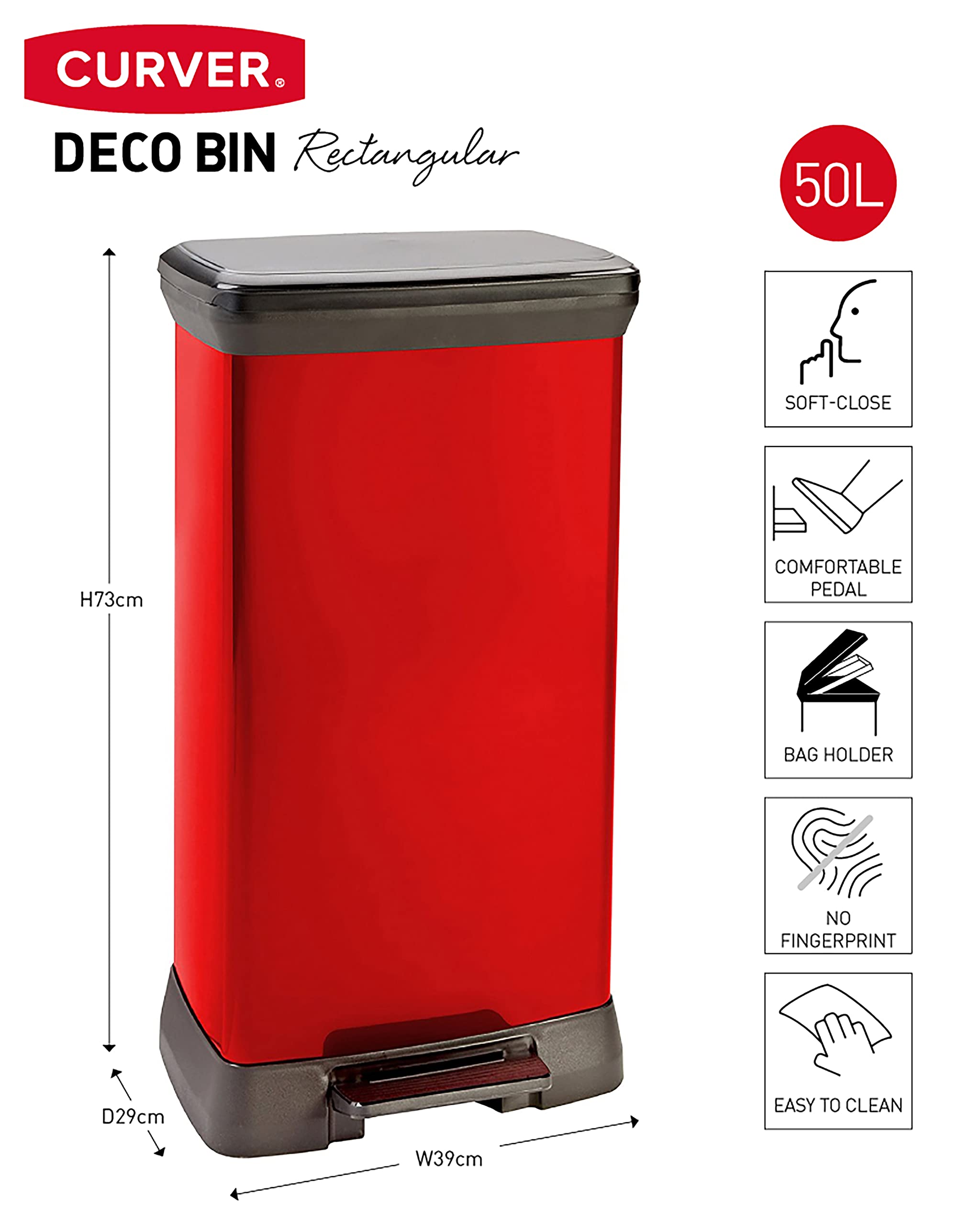 Curver Metal Effect 70% Recycled Kitchen Pedal Touch Deco Bin 50 Litres - Silver