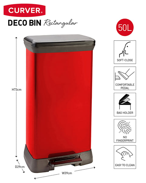 Curver Metal Effect 70% Recycled Kitchen Pedal Touch Deco Bin 50 Litres - Silver