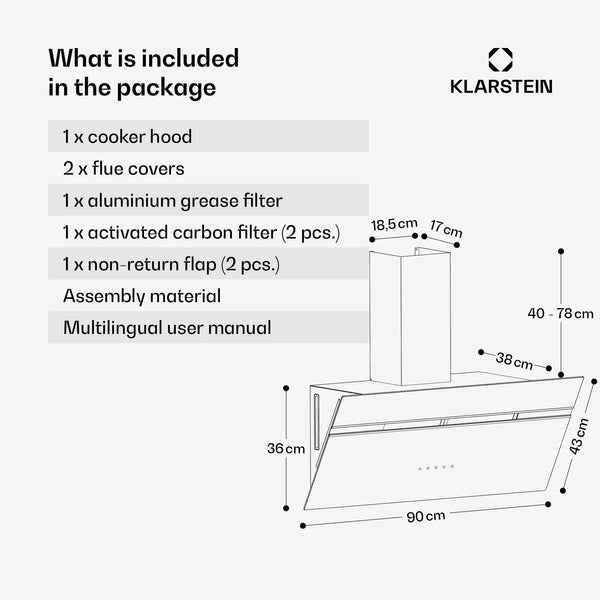 Klarstein Alina 90 Angled Cooker Hood - 600m³/h Air Flow, Touch Panel, LED Backlighting, Quiet 63dB, Energy Class A, 90cm Extractor Hood, Black