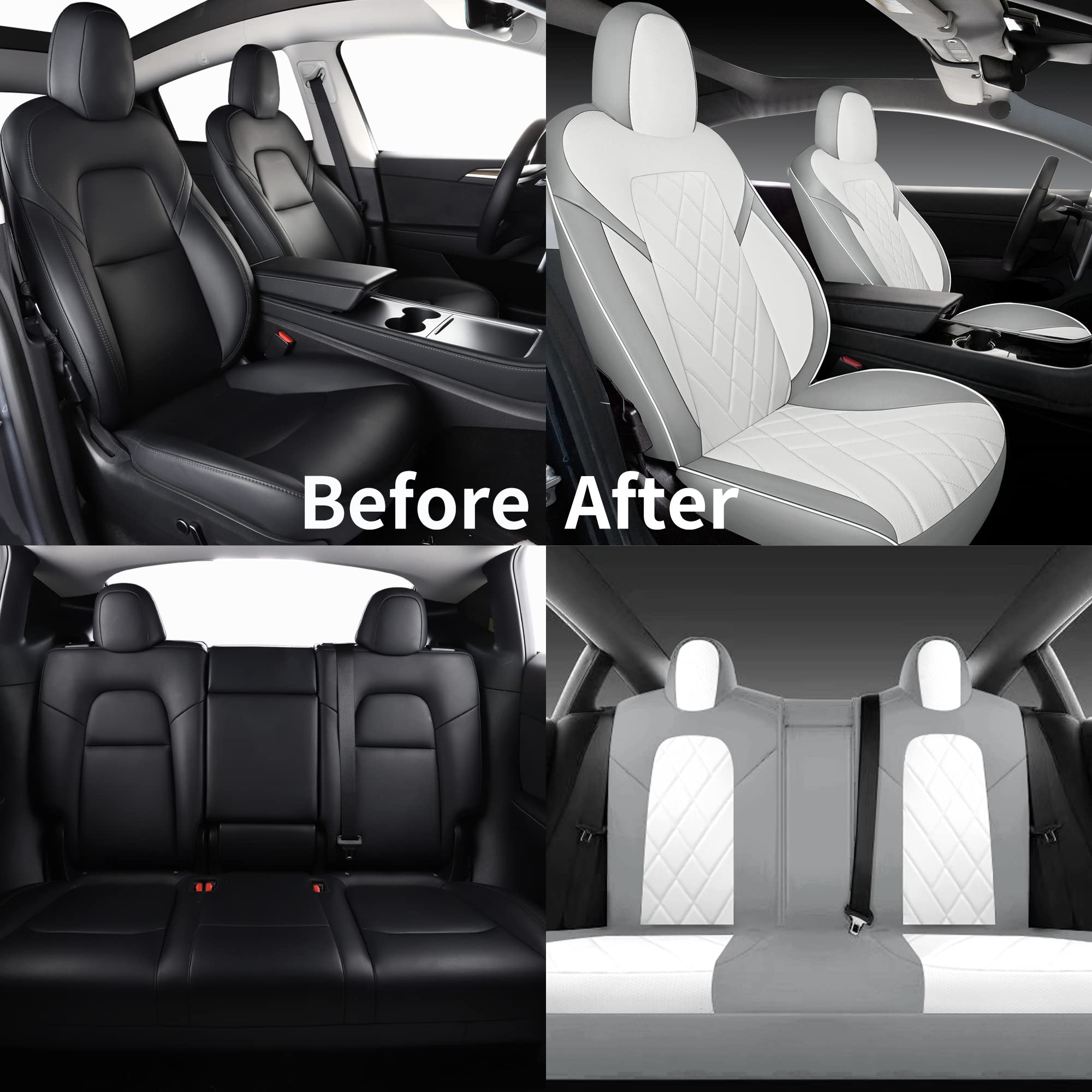 Tapha Faux Leather Seat Cover Set for Tesla Model 3 2017-2022, Breathable and Water-Resistant, Include Seat Covers for Front and Rear Seats (White/Grey)
