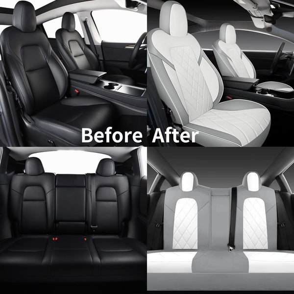 Tapha Faux Leather Seat Cover Set for Tesla Model 3 2017-2022, Breathable and Water-Resistant, Include Seat Covers for Front and Rear Seats (White/Grey)
