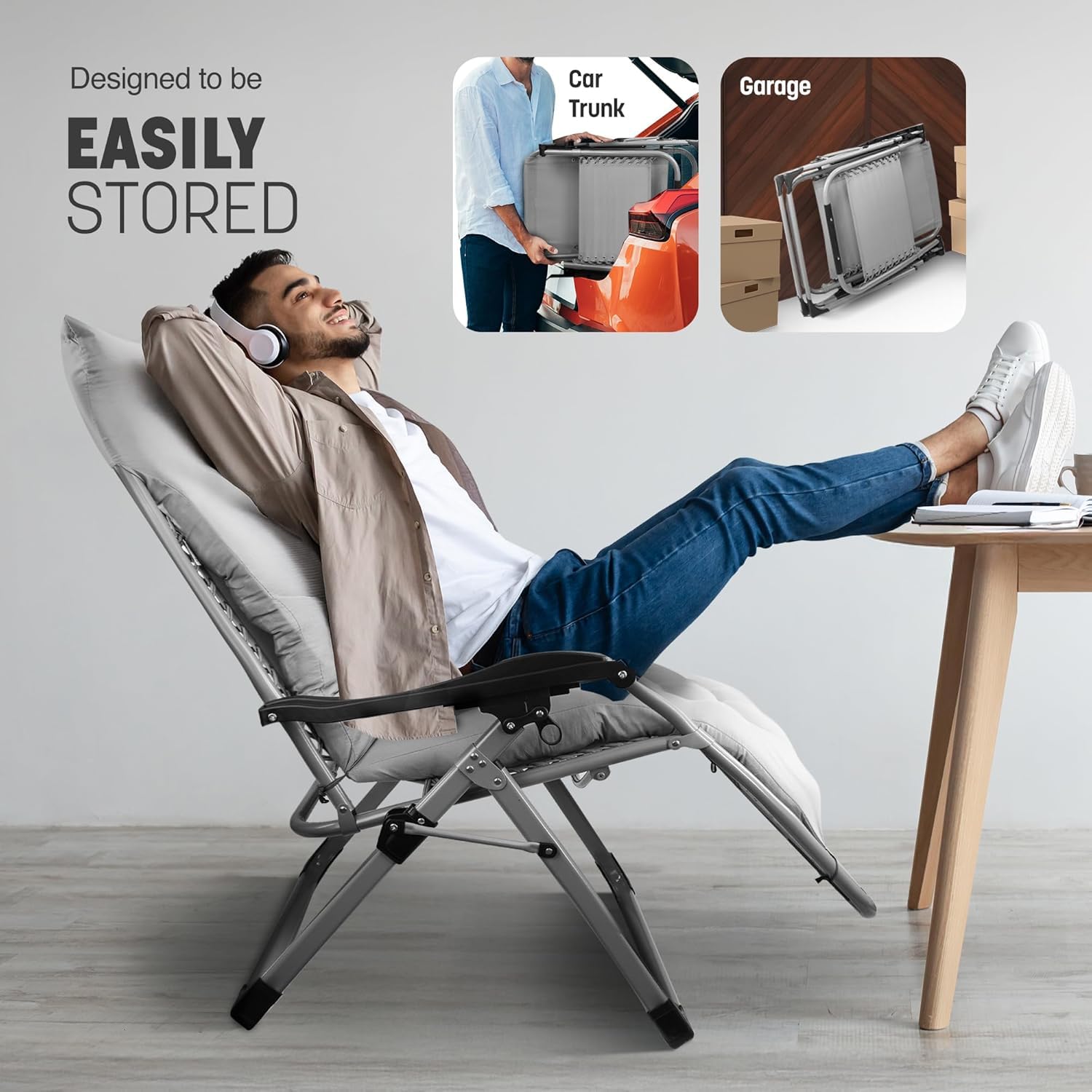 KEPLIN Square Tube Gravity Chair with Cushion – Extra-Wide 72cm Recliner, Adjustable Zero Gravity Lounger, Reinforced Frame, Supports 150kg, Premium Comfort for Indoor & Outdoor Relaxation – Black