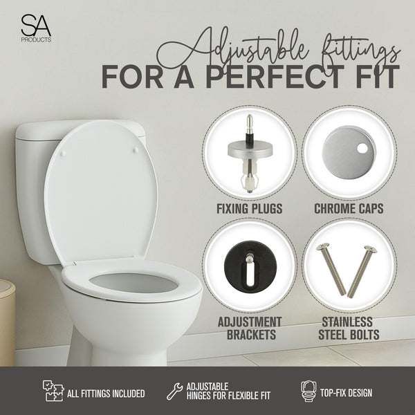 SA Products Quick Release Toilet Seat - with Soft Close & Quick Release Hinges for Easy Cleaning - Universal Bathroom Bowl Seating with Thermoset Lid, ABS Cylinder, Fixings - 44.1x36.5x5cm, White