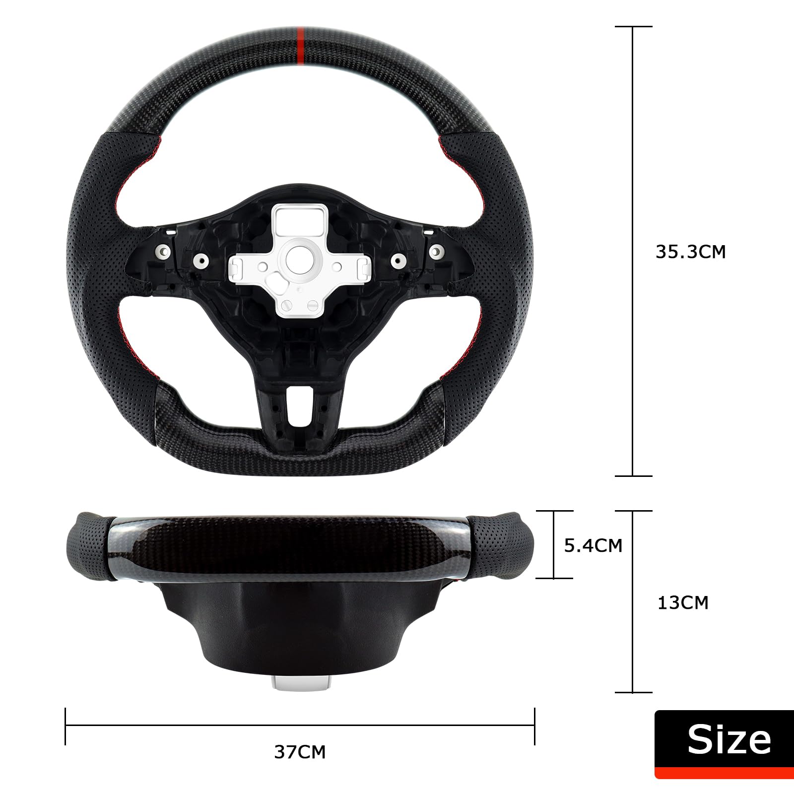 Acclcors Carbon Fiber Steering Wheel, D-Shaped Flat-Bottomed Steering Wheel with Red Stitching, Perforated Leather Grip for VW Volkswagen Golf MK6 2008-2014