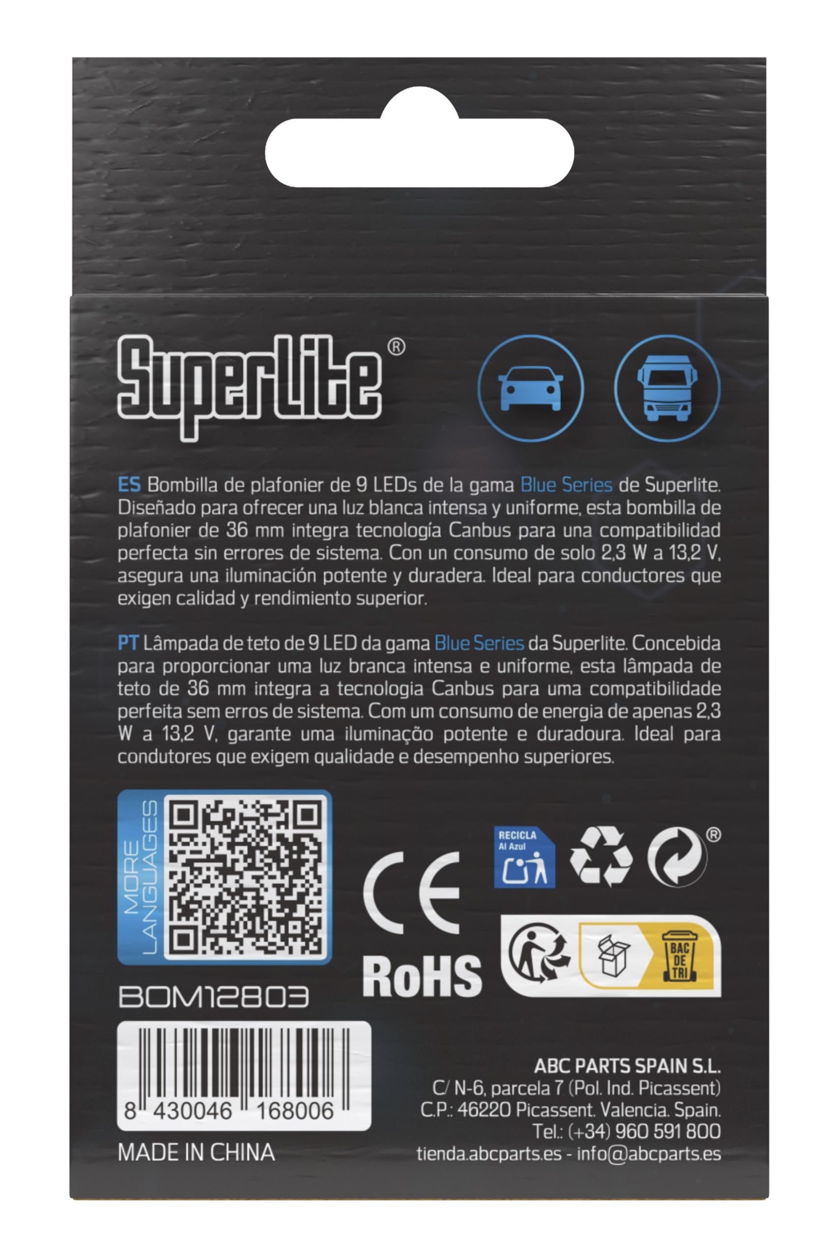 Superlite Set of 2 T10 Bulbs with 18 Leds from the Blue Series range. CanBus Technology and 6500K Colour Temperature. Ideal for Car and Truck.
