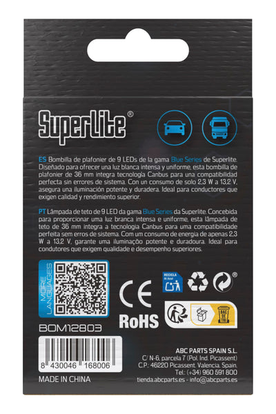 Superlite Set of 2 T10 Bulbs with 18 Leds from the Blue Series range. CanBus Technology and 6500K Colour Temperature. Ideal for Car and Truck.