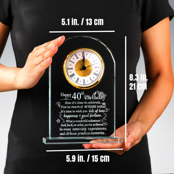 Happy 40th Birthday Quartz Clock Gifts for Women Men, Glass Birthday Keepsake for 40 Years Old Ladies, Birthday Presents for Friends Turning 40 Years