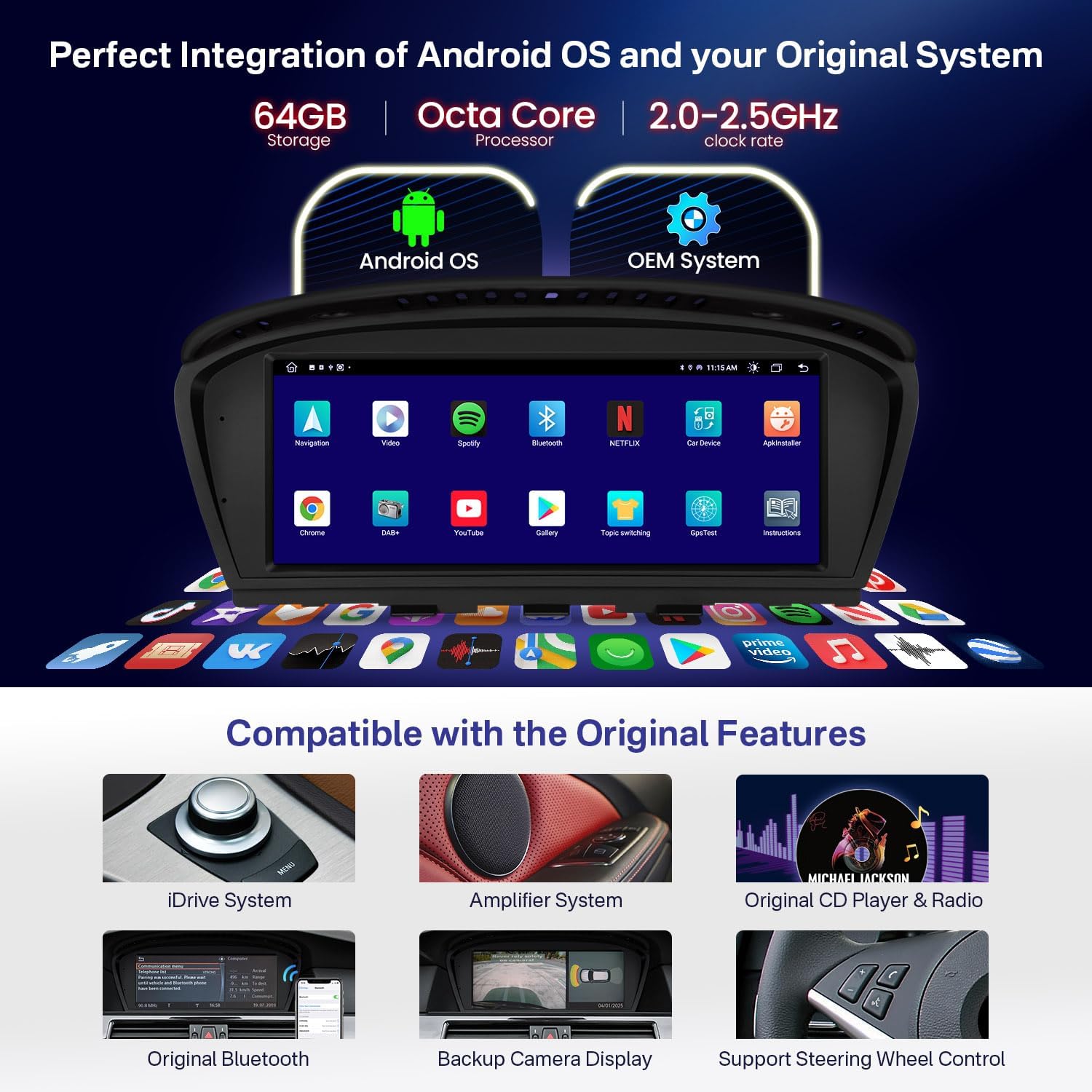 XTRONS 8.8" Car Stereo Android Octa-Core 4+64GB for BMW 3 Series E90 E91 5 Series E60 E61 (2005-2008) w CCC system Touch IPS Screen GPS navigation, w 4G LTE CarAutoPlay Android Auto Support AHD Camera