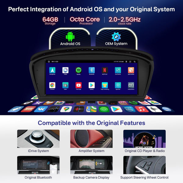 XTRONS 8.8" Car Stereo Android Octa-Core 4+64GB for BMW 3 Series E90 E91 5 Series E60 E61 (2005-2008) w CCC system Touch IPS Screen GPS navigation, w 4G LTE CarAutoPlay Android Auto Support AHD Camera