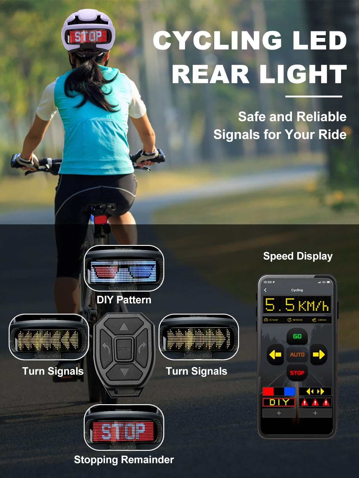 TMEOIIPY Smart App Program Bike Helmet, Back LED Lights Display with USB Rechargeable, Road Bicycle Helmets for Adults: Men, Women, with Turn Signals Remote Control