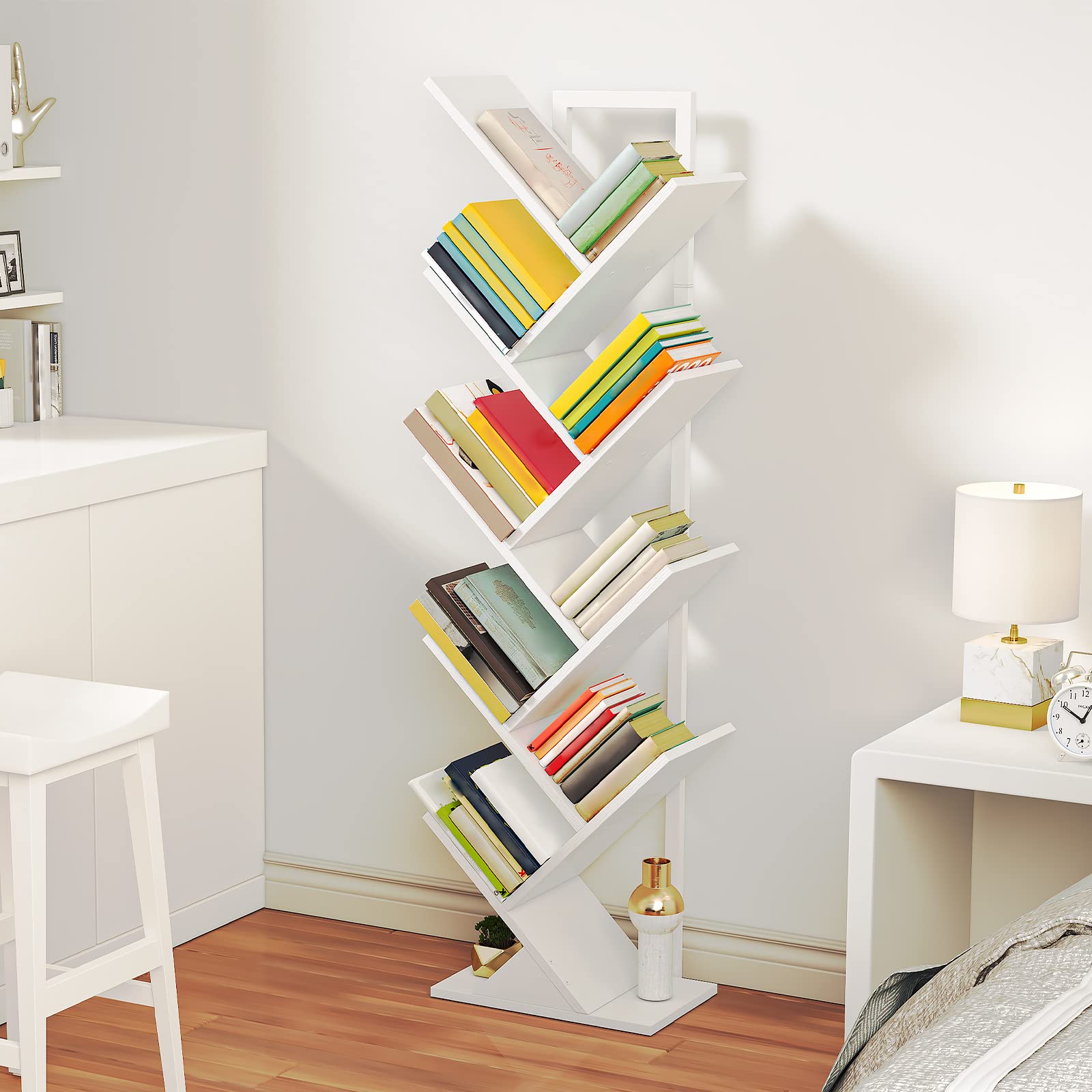 HOOBRO Tree Bookshelf Tall, 9-Tier Floor Standing Book Shelf, Tall Bookcase for CDs Albums, for Living Room, White EWT08SJ01G1