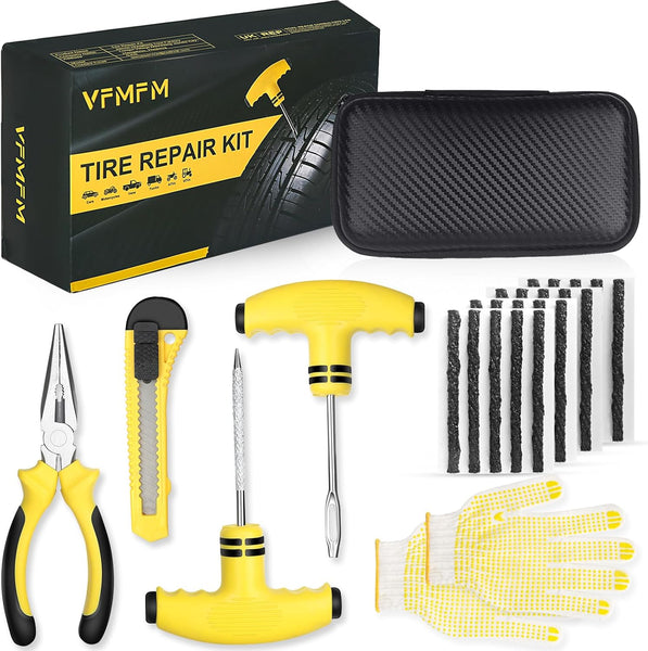 VFMFM Tyre Repair Kit - Car Tyre Puncture Repair Kit - Emergency Fix Puncture for Car, Motorcycle, Truck, Van, ATV, Tractor & More - Tubeless Tyre Repair Kit with 20 Strings and Storage Case