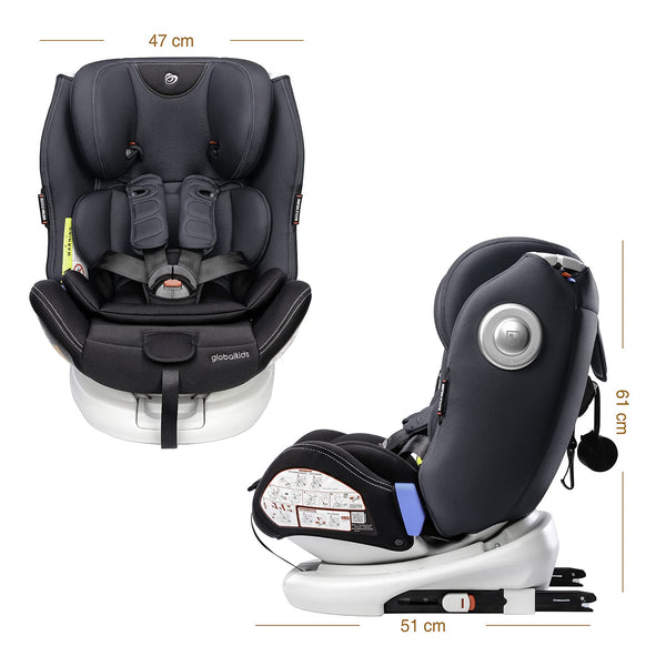 globalkids Safety Baby Car Seat with Isofix and Top Tether, 360 Degree Rotating Child Seat for All Group 0-12 Years Old (up to 36kg), Black (2022 Edition)