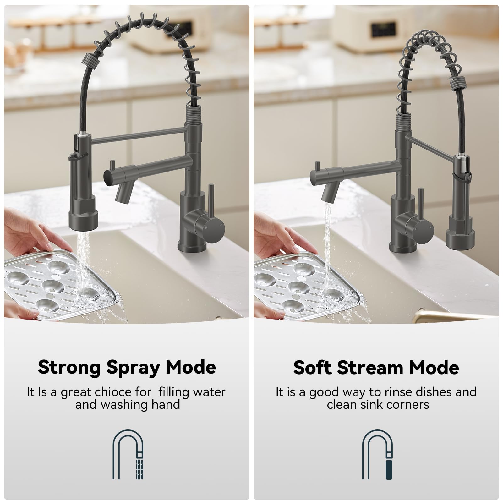 Warmiehomy 5 Modes Kitchen Taps Mixer with Pull Out Spray,High Arc 360° Swivel Dual Spout Pull Down Stainless Steel Kitchen Sink Taps,Brushed Nickel