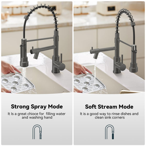 Warmiehomy 5 Modes Kitchen Taps Mixer with Pull Out Spray,High Arc 360° Swivel Dual Spout Pull Down Stainless Steel Kitchen Sink Taps,Brushed Nickel