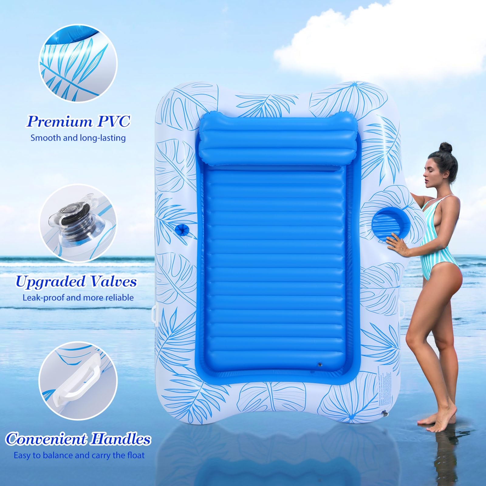 MoKo Pool Floats Adult, Floating Bed with Ice Bar, Tanning Bed Pool Raft Inflatable Lounger with Drink Holder Tanning Chair Inflatable Pool Toys for Party Beach Backyard