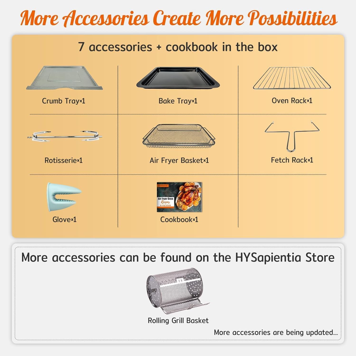 HYSapientia® 24L Air Fryer Oven With Rotisserie Large XXL Digital Knob 1800W 10 in 1 airfryer Countertop Convection Mini Toaster Oven electric and grill, Stainless steel inner, Full Accessory Set