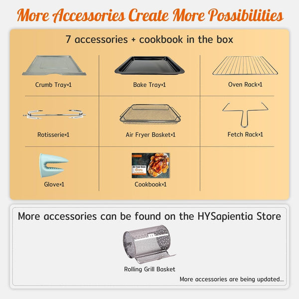 HYSapientia® 24L Air Fryer Oven With Rotisserie Large XXL Digital Knob 1800W 10 in 1 airfryer Countertop Convection Mini Toaster Oven electric and grill, Stainless steel inner, Full Accessory Set