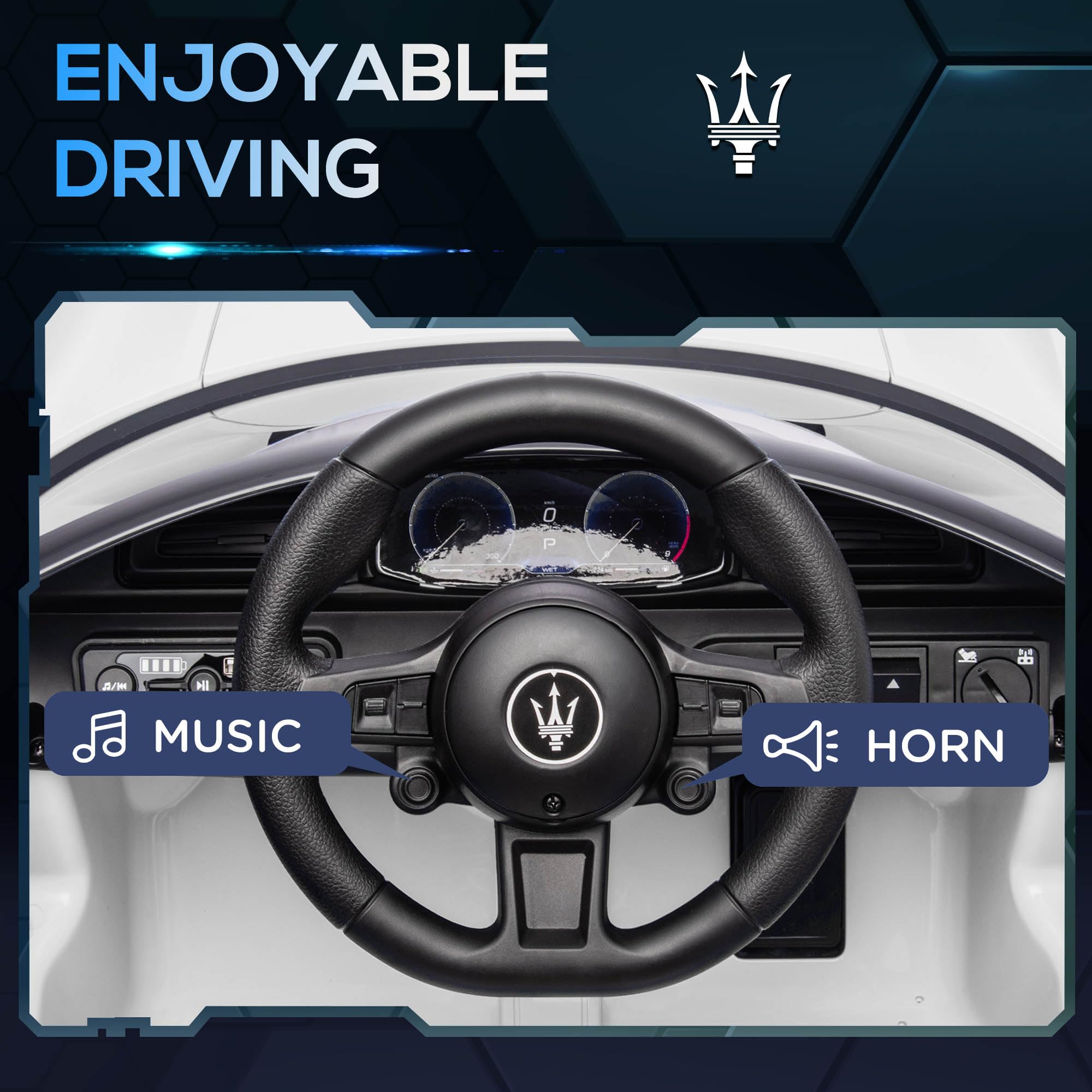 Maserati MC20 Licensed 12V Kids Electric Car with Slow Start, Remote Control, Music, LED Lights, Horn, Spring Suspension, for 3-6 Years, White