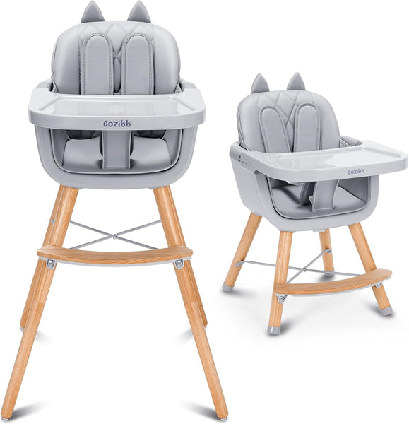 CoziBB 4 in 1 Highchair with Cat Ear, Removable 3-Position Tray, 5-Point Safety Belt Convertible Multifunctional High Chair with Removable Legs, Wooden Feeding Chair for Baby Infant Toddler (6 M-2 Y)