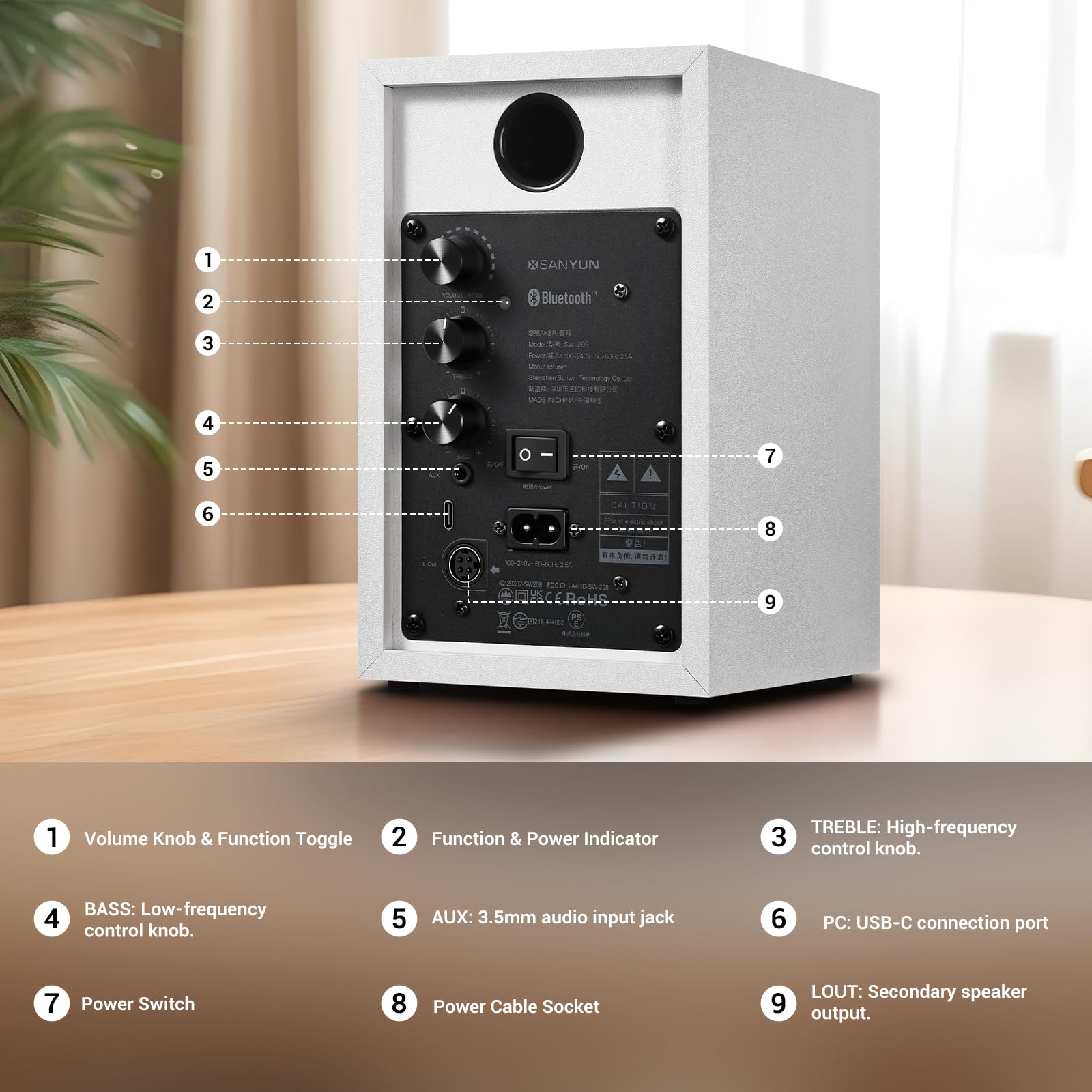 Sanyun SW203 4.0 Computer Speakers - 60W 4-Way DSP Control 3D Immersive Sound - 3" Carbon Fiber Woofer & 20mm Silk Dome Tweeter - 24bit DAC USB/Bluetooth 5.4/AUX - Studio-Grade Audio (Pair, Black)