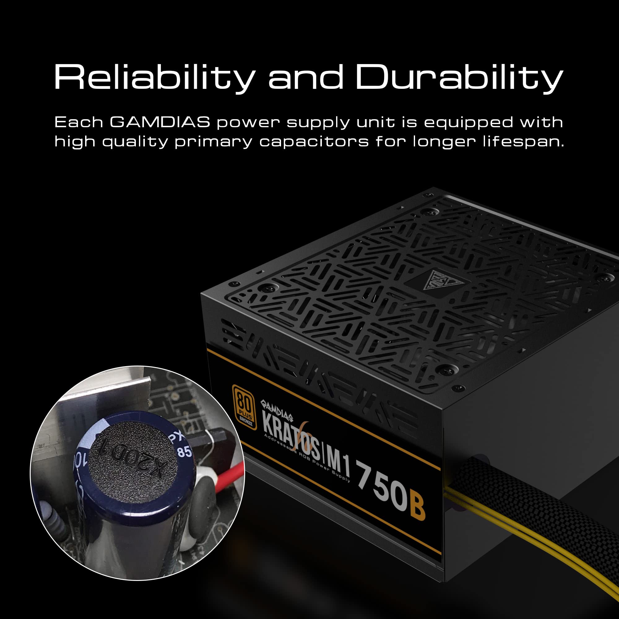 GAMDIAS 750W UK PSU Power Supply for ATX PC Computer, 80+ Plus Bronze, Non-Modular, MB Sync ARGB, Built-in 30 Light Effects, Low Noise PWM Fan, Black
