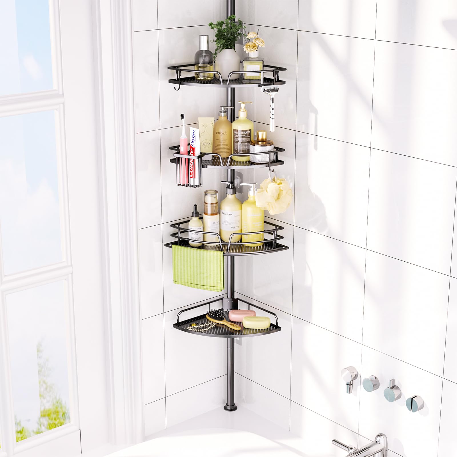 HapiRm Telescopic Shower Caddy Corner- 4-Tier Adjustable Shower Organiser with Toothbrush Holder and Hooks, Rustproof No Drilling Bathroom Shelf,