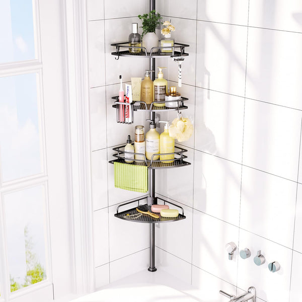 HapiRm Telescopic Shower Caddy Corner- 4-Tier Adjustable Shower Organiser with Toothbrush Holder and Hooks, Rustproof No Drilling Bathroom Shelf,