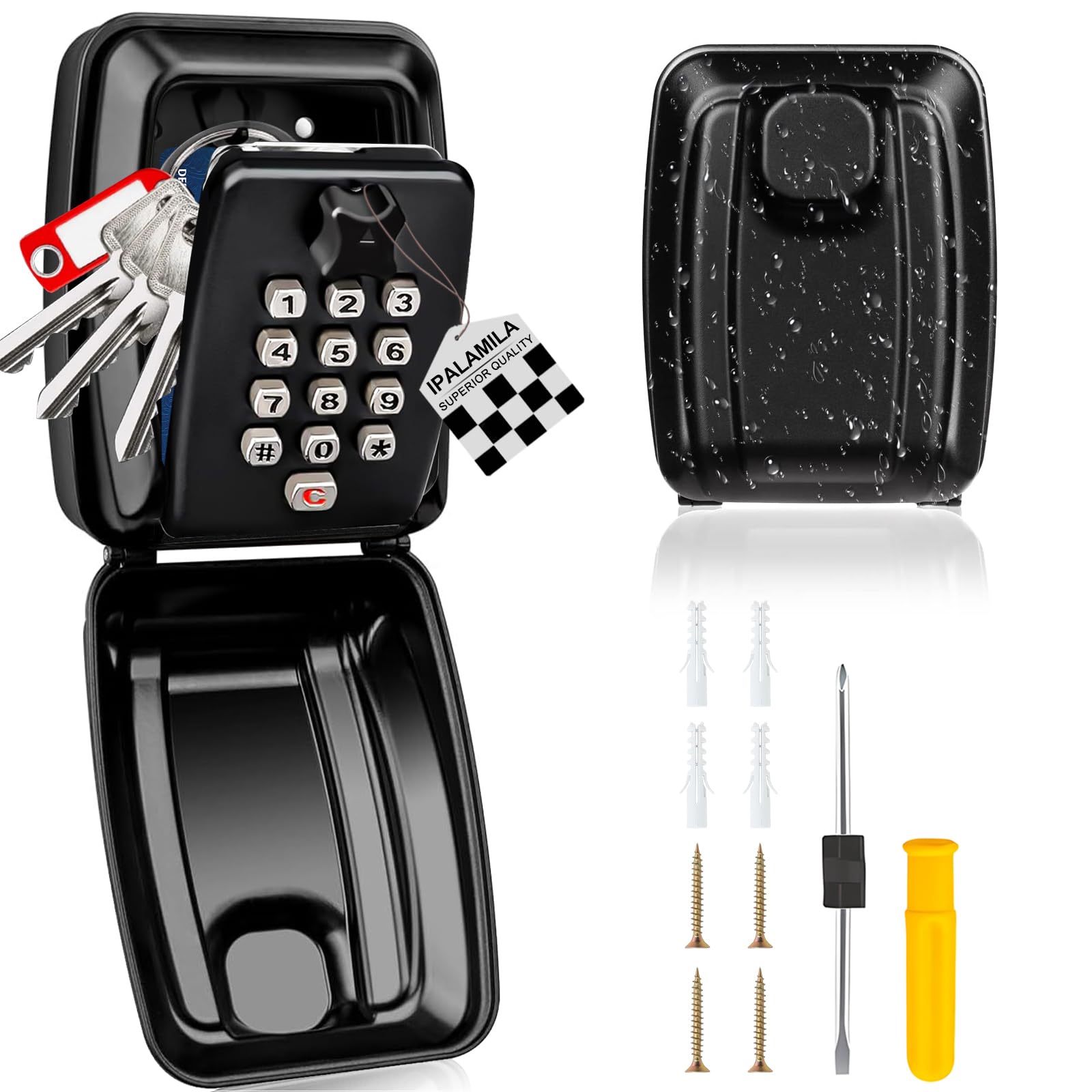 iPalamila Key Safe, Key Safe Outdoor Police Approved, Key lock Box Wall Mounted,12-Digit Combination Key lock Box with Weatherproof Cover For Home Garage Office School (black-1)