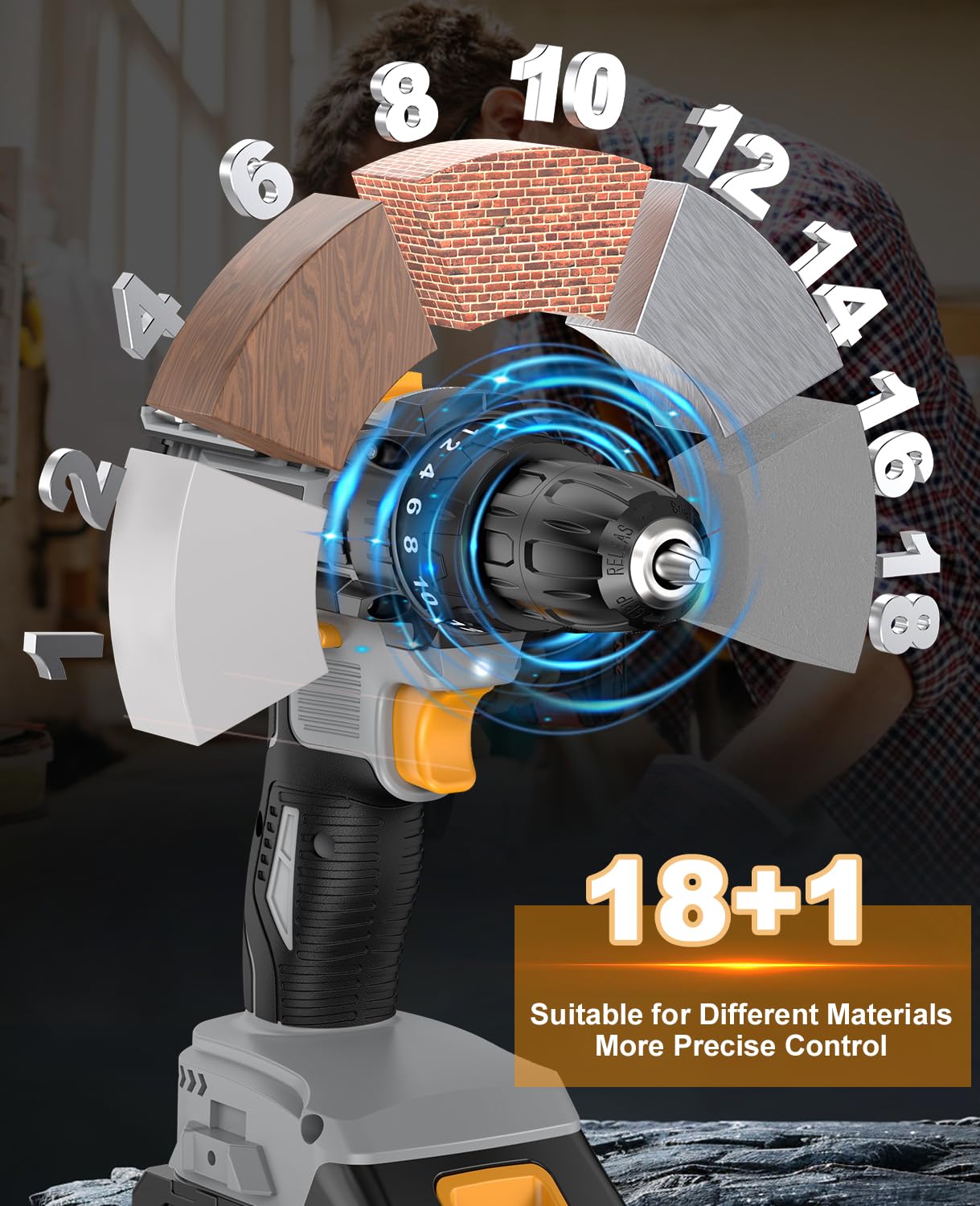 LEEIKOO Cordless Drill, 21V Electric Drill 42N.m with 2.0Ah Battery, Combi Set 10mm Chuck, 2 Speeds, 18+1 Torque, LED Light, 20pcs Drill Set for Garden DIY Project, Grey