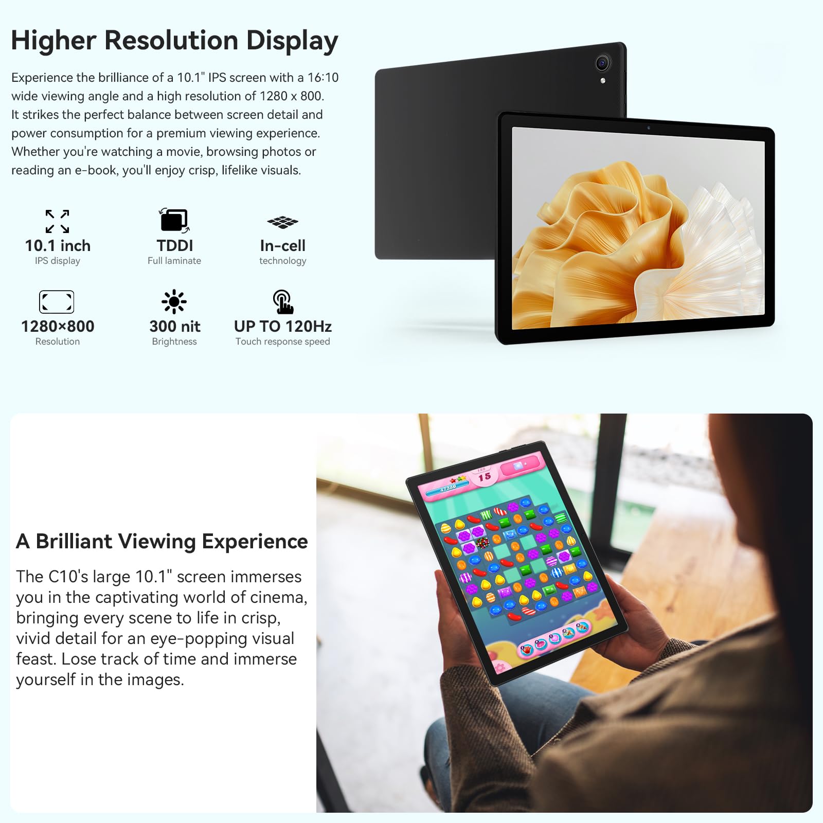 Whitedeer Tablet 10 inch Octa-Core Processor Android 14 Tablet, Face ID丨OTG, 8GB+64GB/1TB TF, 1280*800丨5G WiFi丨BT5.3丨Tab PC with Dual Camera 5MP+8MP, Support Split-Screen, 5000mAh, Widevine L1(Black)