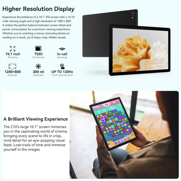 Whitedeer Tablet 10 inch Octa-Core Processor Android 14 Tablet, Face ID丨OTG, 8GB+64GB/1TB TF, 1280*800丨5G WiFi丨BT5.3丨Tab PC with Dual Camera 5MP+8MP, Support Split-Screen, 5000mAh, Widevine L1(Black)