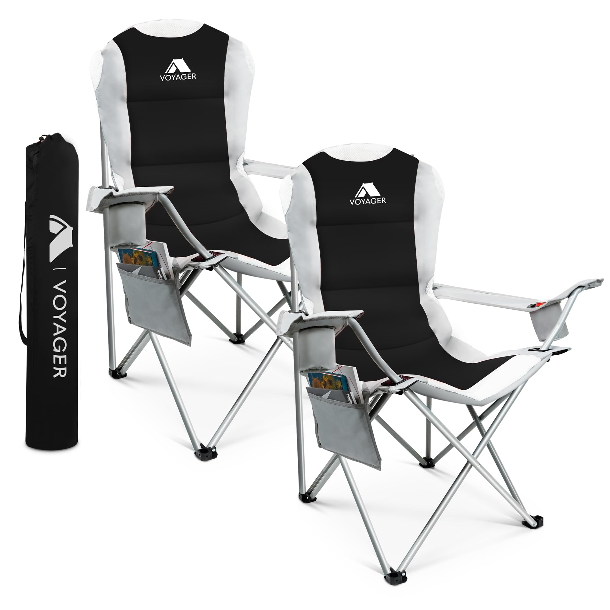 Voyager Folding Camping Chairs 2 Pack with Cooler Bag, Lightweight Q195 Steel Frame, 600D Oxford Fabric, Portable & Comfortable - Black (Black, Padded)