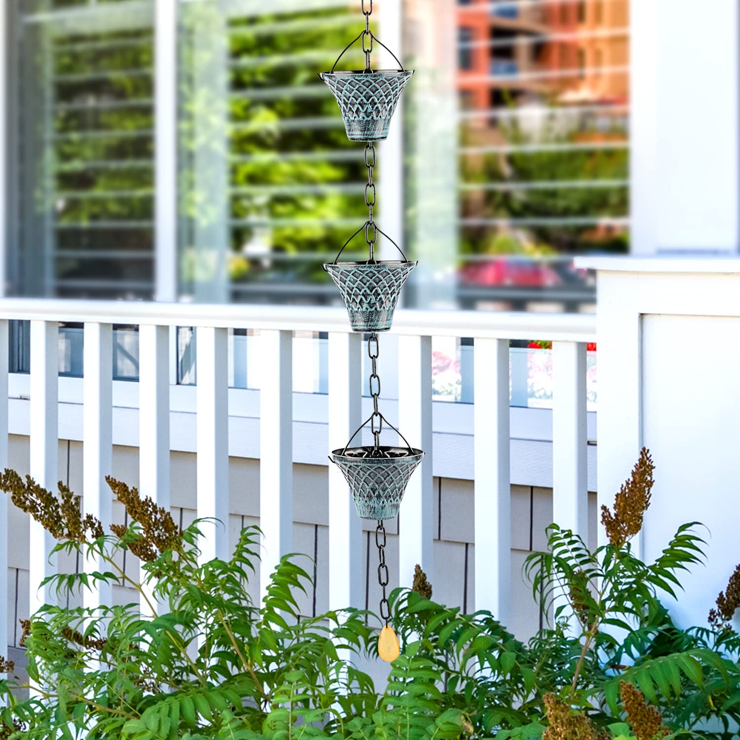 Hanayard Decorative Blue Plaid Rain Chain Umbrella Shape Downspouts 8.5 FT Outdoor Garden Decor for Gutters - 12 Cups?