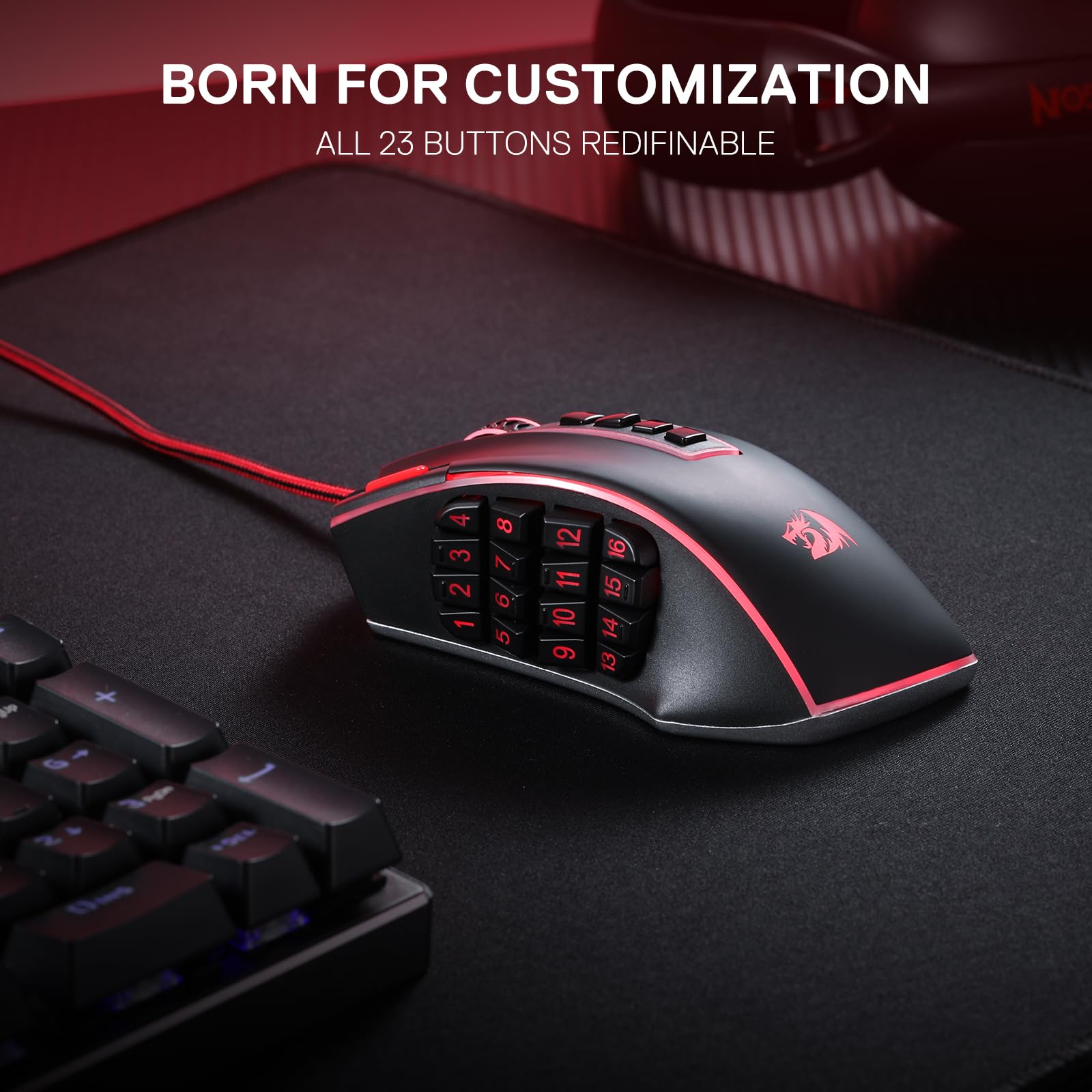Redragon M990 MMO Gaming Mouse, 32000 DPI High Precision Wired RGB Gamer Mouse w/23 Programmable Buttons, 16 Side Macro Keys, Software Supports, Aluminum Base