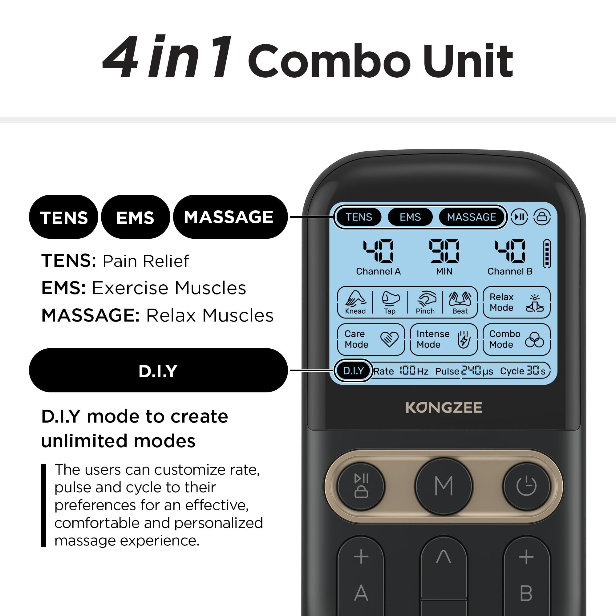 4 in 1 - D.I.Y & Tens Unit & EMS & Massage Muscle Stimulator, Dual Channel Therapy Machine for Pain Relief, FDA Cleared Rechargeable Electronic Pulse Massager,with 12pcs Electrode Pads