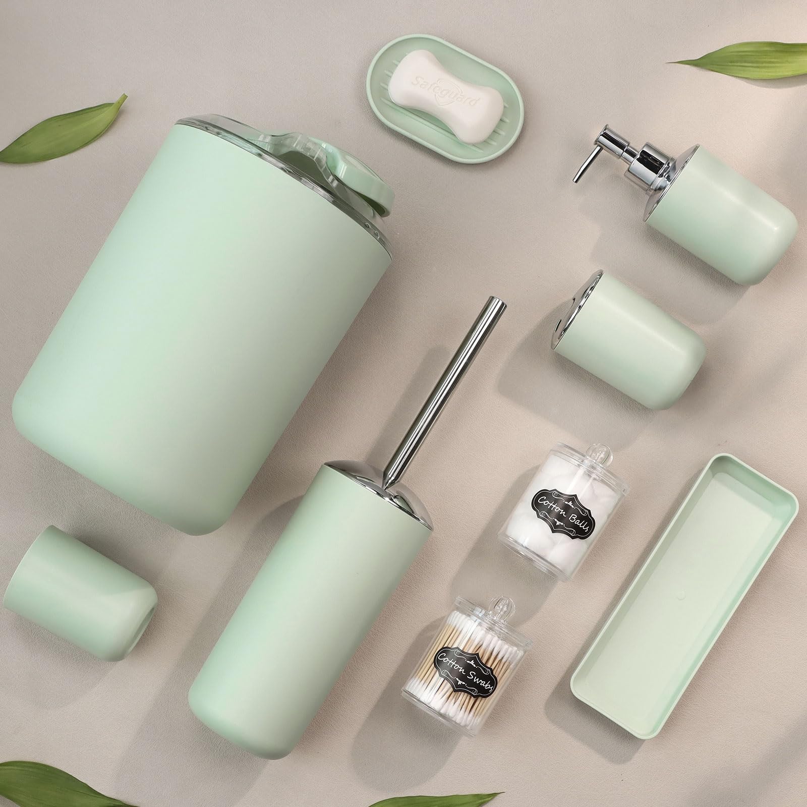 IMAVO Bathroom Accessory Set - 8 Pcs Green Bathroom Accessories Set with Trash Can, Soap Dispenser, Soap Dish, Toothbrush Holder, Toothbrush Cup,