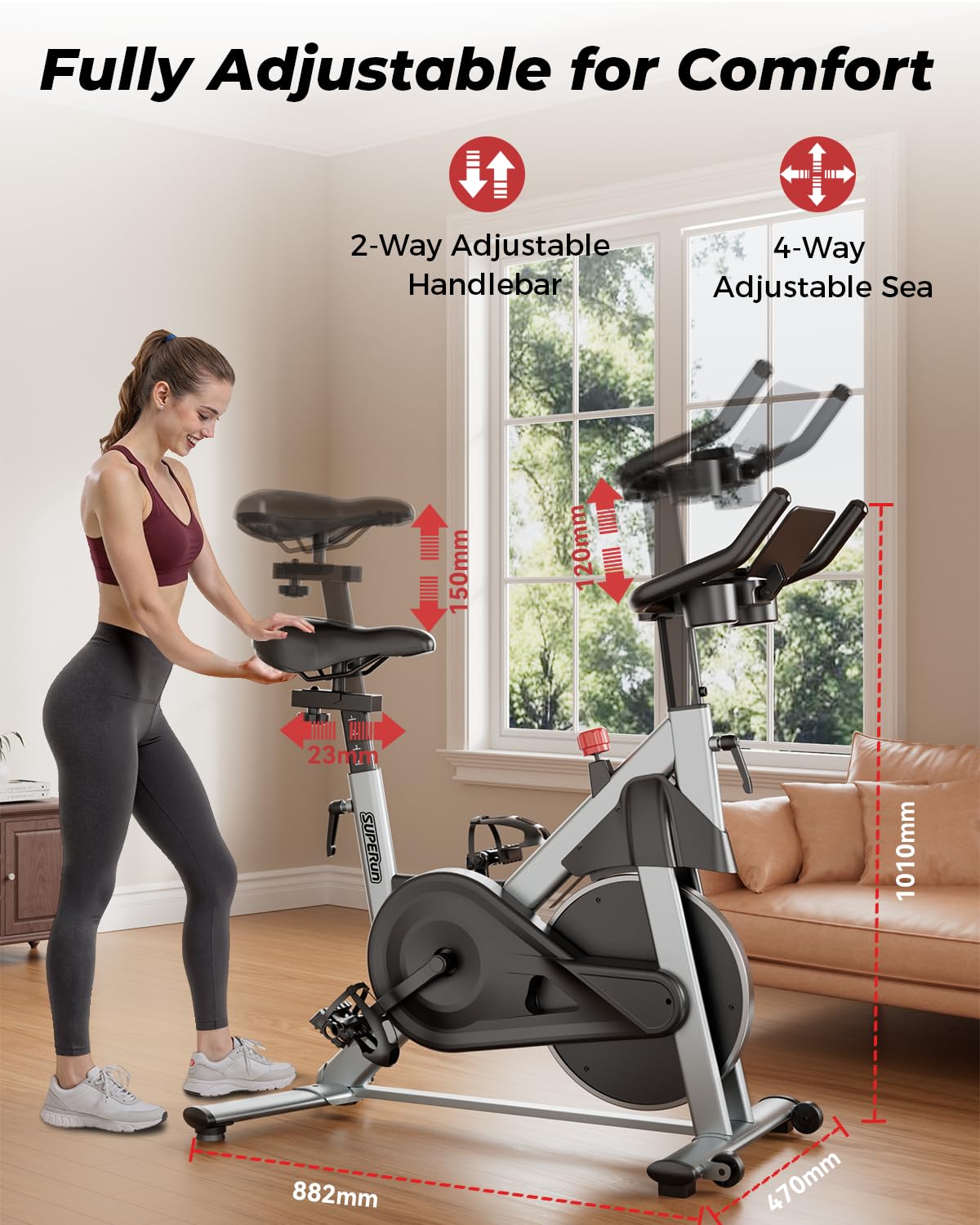 Superun Exercise Bike for Home Use Spin Bike with Adjustable Magnetic Resistance, Stationary Bike with LCD Display and APP, 136 kg Weight Capacity