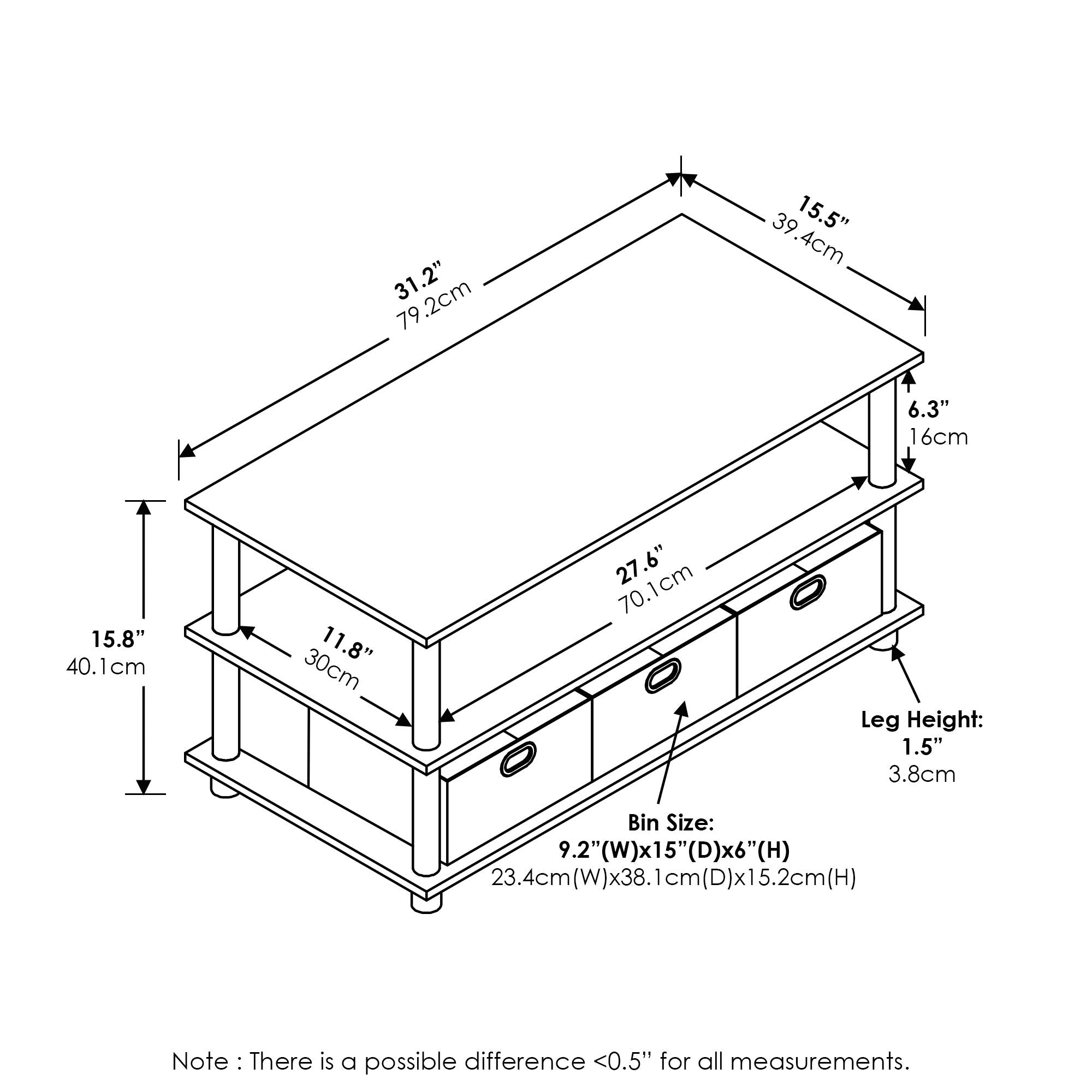 Furinno Frans Turn-N-Tube Coffee Table with Bin Drawers, Black Oak/Black/Brown, 79.2 (W) x 40.1 (H) x 39.4 (D) cm