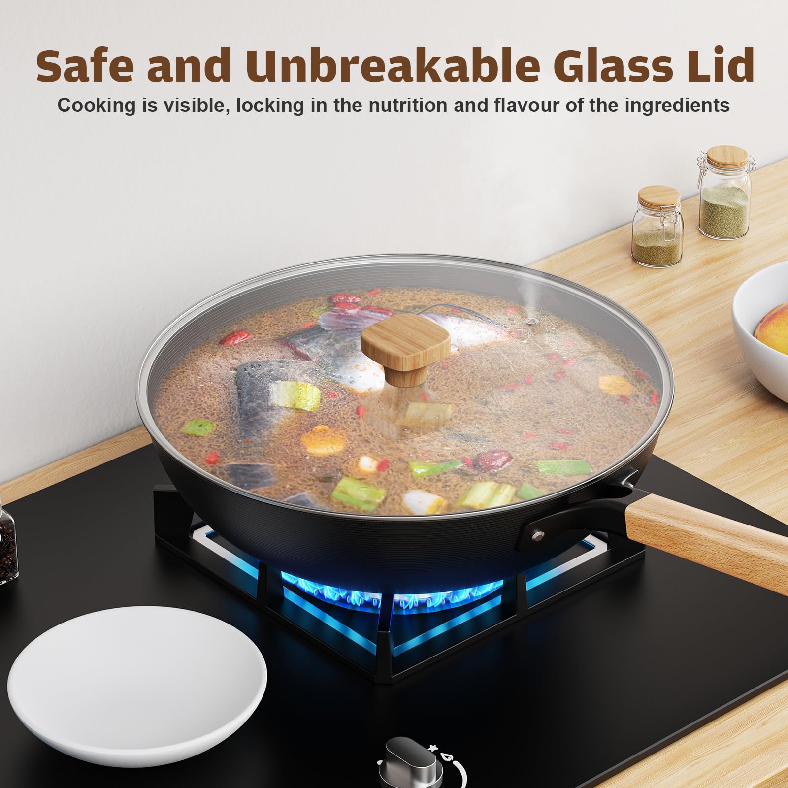 Jobin Wok with Lid Non Stick  30cm Carbon Steel Wok for Everyday Cooking  Frying Pan Ideal for 3-5 People for Induction, Gas, All Hobs