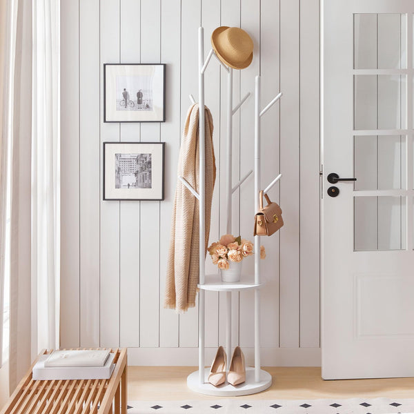 HOOBRO Coat Stand, Coat Rack for Hallway, Freestanding Coat Rack Stand with 8 Hooks, Storage Shelves, Hall Trees for Clothes, White EWT33YM01