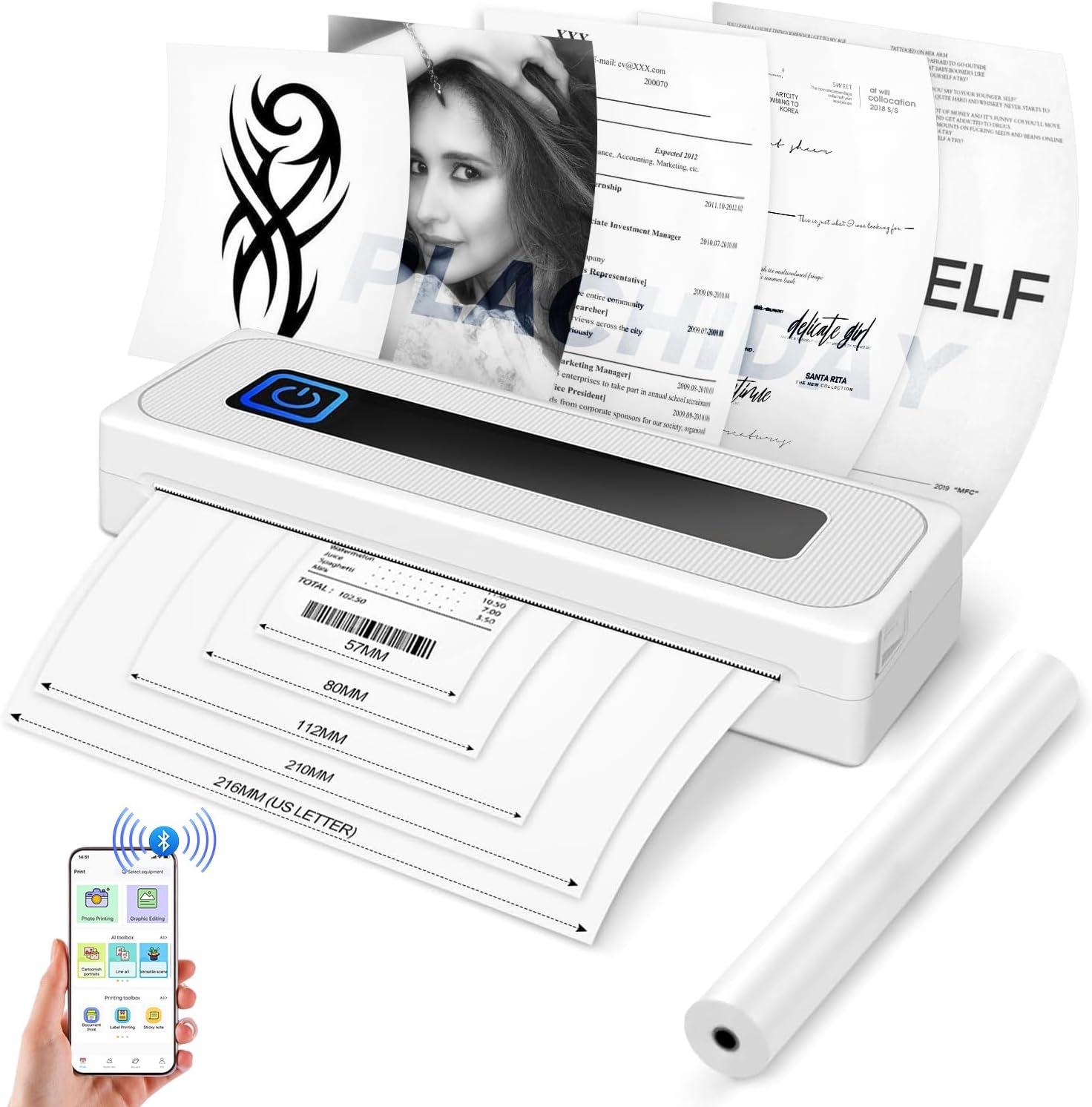 PLACHIDAY Portable Printer Wireless, 300DPI Small Wireless Bluetooth Inkless Thermal Printer A4 Travel Printer Multiple Sizes Thermal Paper Home Use (White)