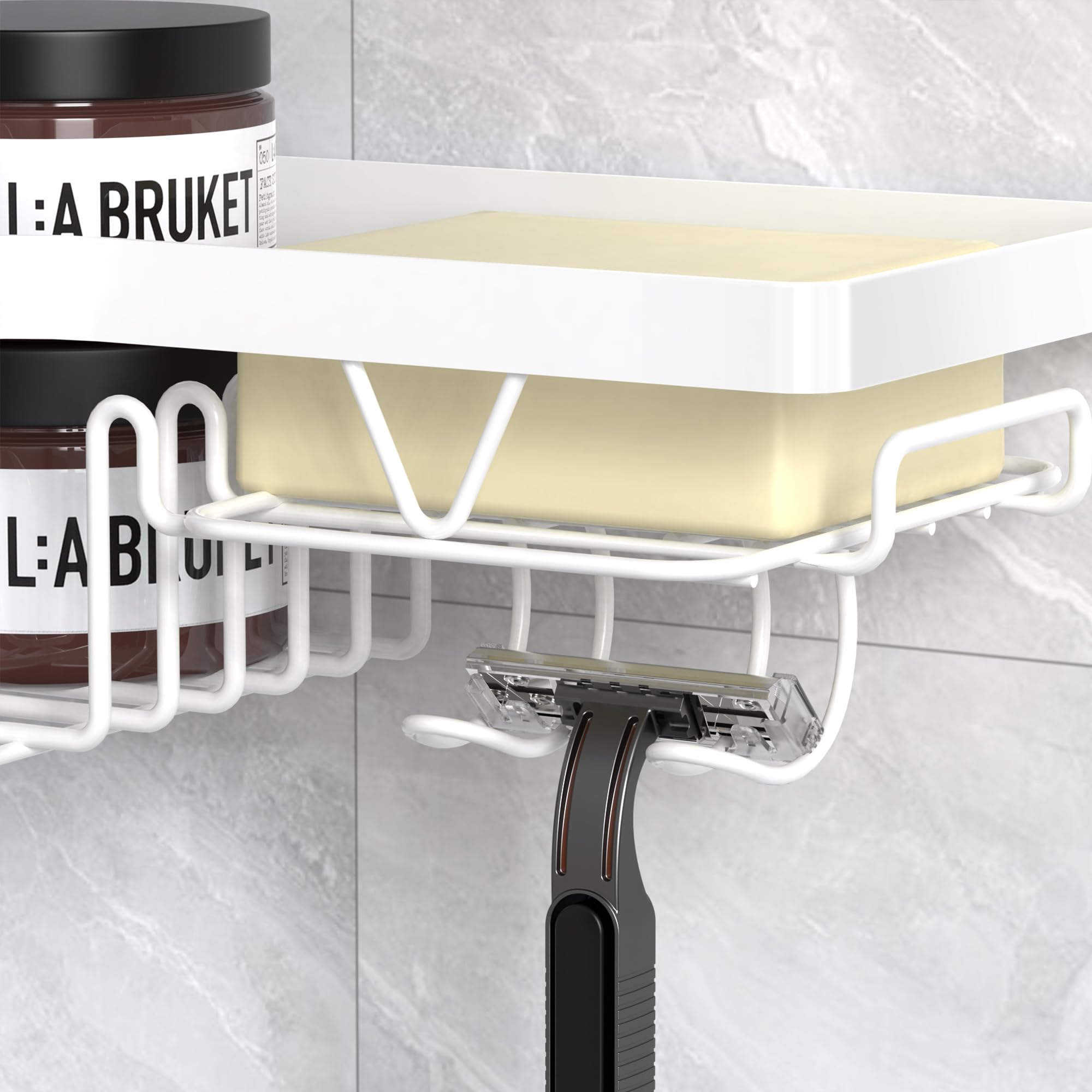 Kegii Telescopic Shower Caddy Corner - Stainless Steel Shower Shelf No Drilling Bathroom Caddy with Soap Holder and Hooks(White), On The Bath or Stand Up Shower