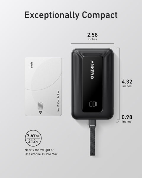 Anker Zolo Power Bank, 10,000mAh 30W High-Speed Portable Charger with Built-In USB-C Cable, Fast Charging Battery Pack for iPhone 16/16 Plus/16 Pro/16 Pro Max/15 Series, Galaxy, iPad, and More