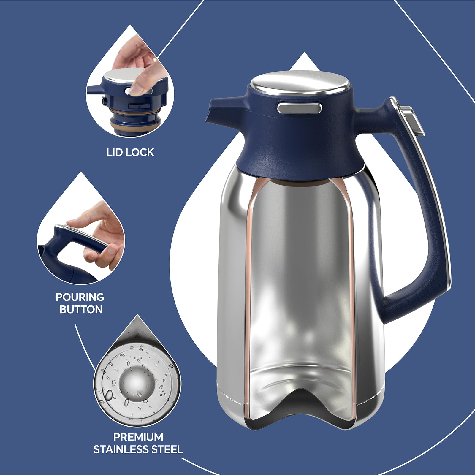 IDEUS Vacuum Insulated Coffee Carafe, 68 oz (2 Liters) Stainless Steel Milk Jug Thermal Tea Pot Hot & Cold Water Beverage Dispenser (Blue)