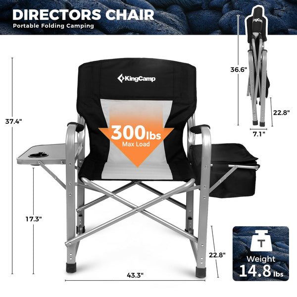 KingCamp Folding Camping Chairs for Adluts Heavy Duty Directors Chair with Cooler Bag and Side Table Support up to 150KG