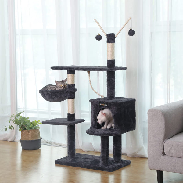 FEANDREA 134 cm Cat Tree Scratcher with big platform cat houses horsetail decorative balls Grey M PCT35G