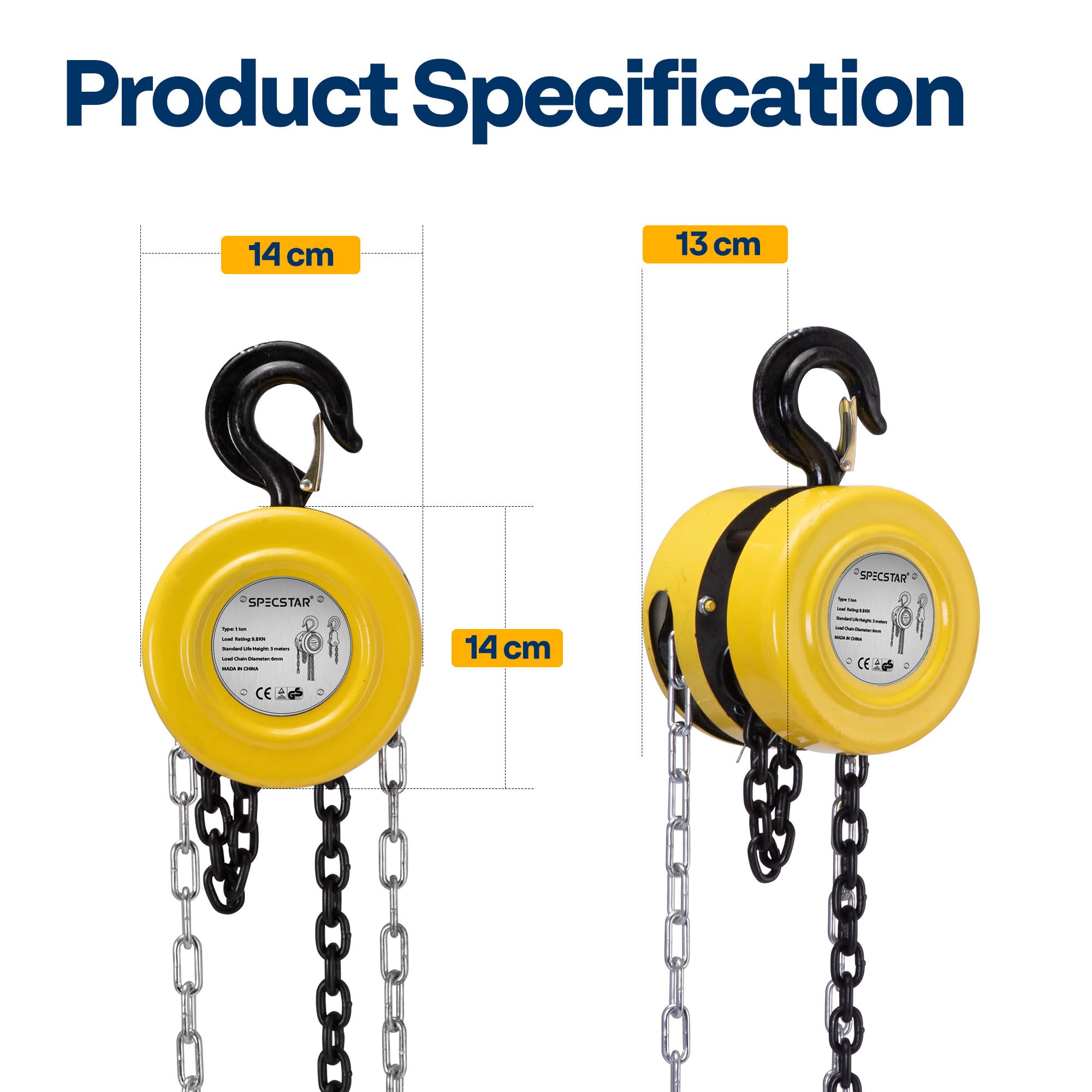 SPECSTAR Hand Chain Hoist 1250kg Capacity 3m with 2 Heavy Duty Hooks Manual Chain Fall for Warehouse Building Automotive Machinery