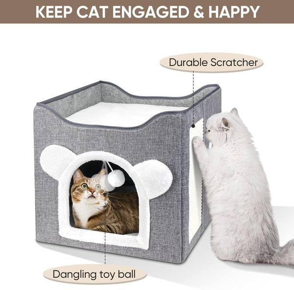 Furjoy Cat Beds, Large Cat Cave for Pet House with Fluffy Ball Hanging and Scratch Pad, Houses & Condos, Cubes, Hideaway, Covered Bed for Multi Small Pet Large Kitty